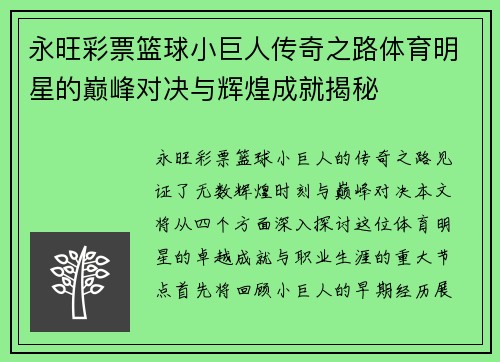 永旺彩票篮球小巨人传奇之路体育明星的巅峰对决与辉煌成就揭秘